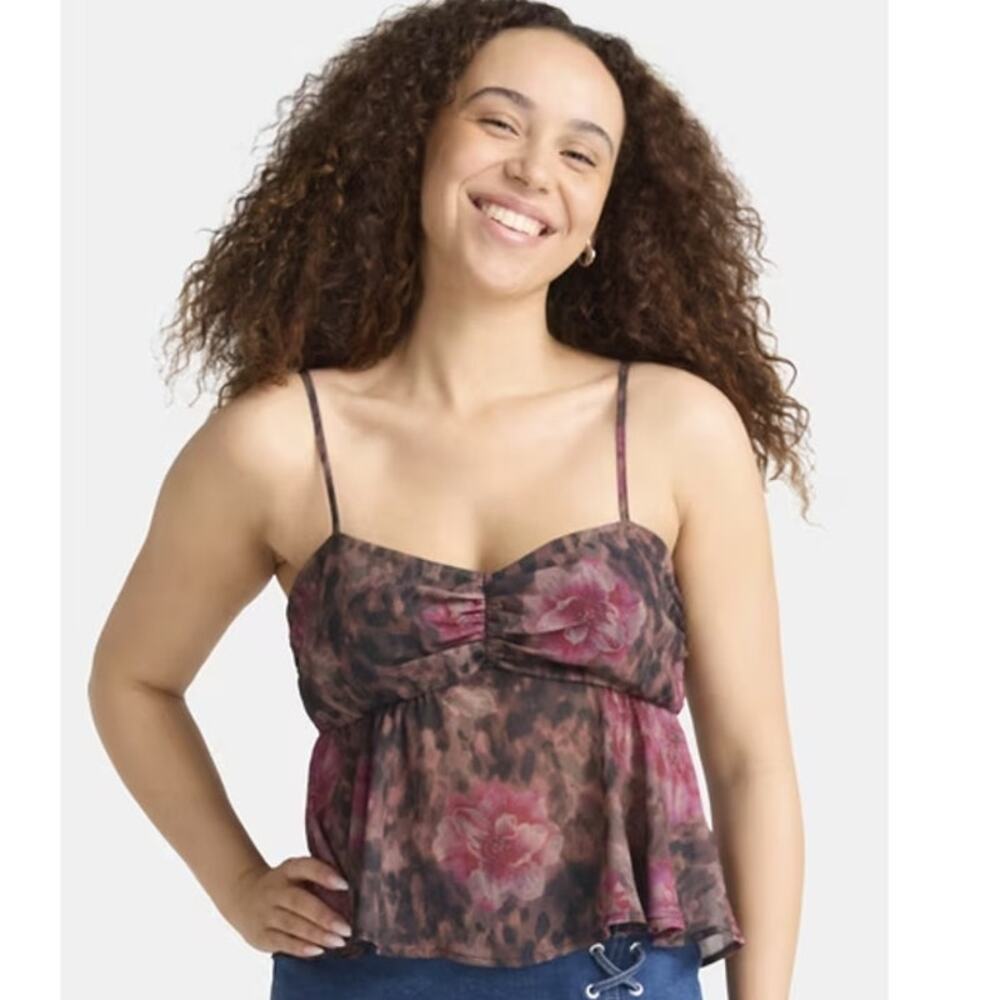 Madden NYC NWT Size XL Leopard Floral Spaghetti Strap Babydoll Smocked-Back Cami